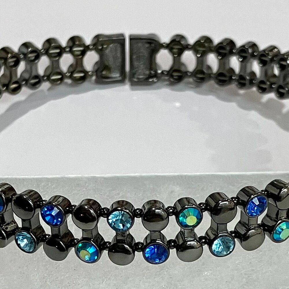 Authentic Givenchy Vintage Signed Necklace - Gunmetal & Blue Crystals - 2-in-1
